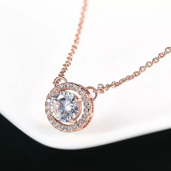 Sparkling Halo CZ Rose Gold Necklace - Picture 3 of 6